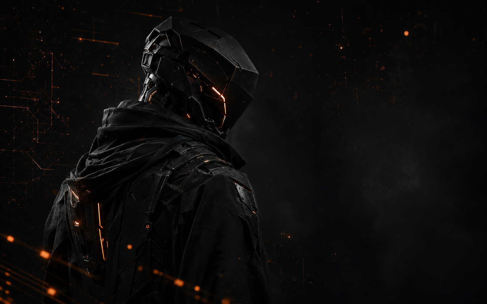 Futuristic artificial intelligence sentinel illuminated by orange light